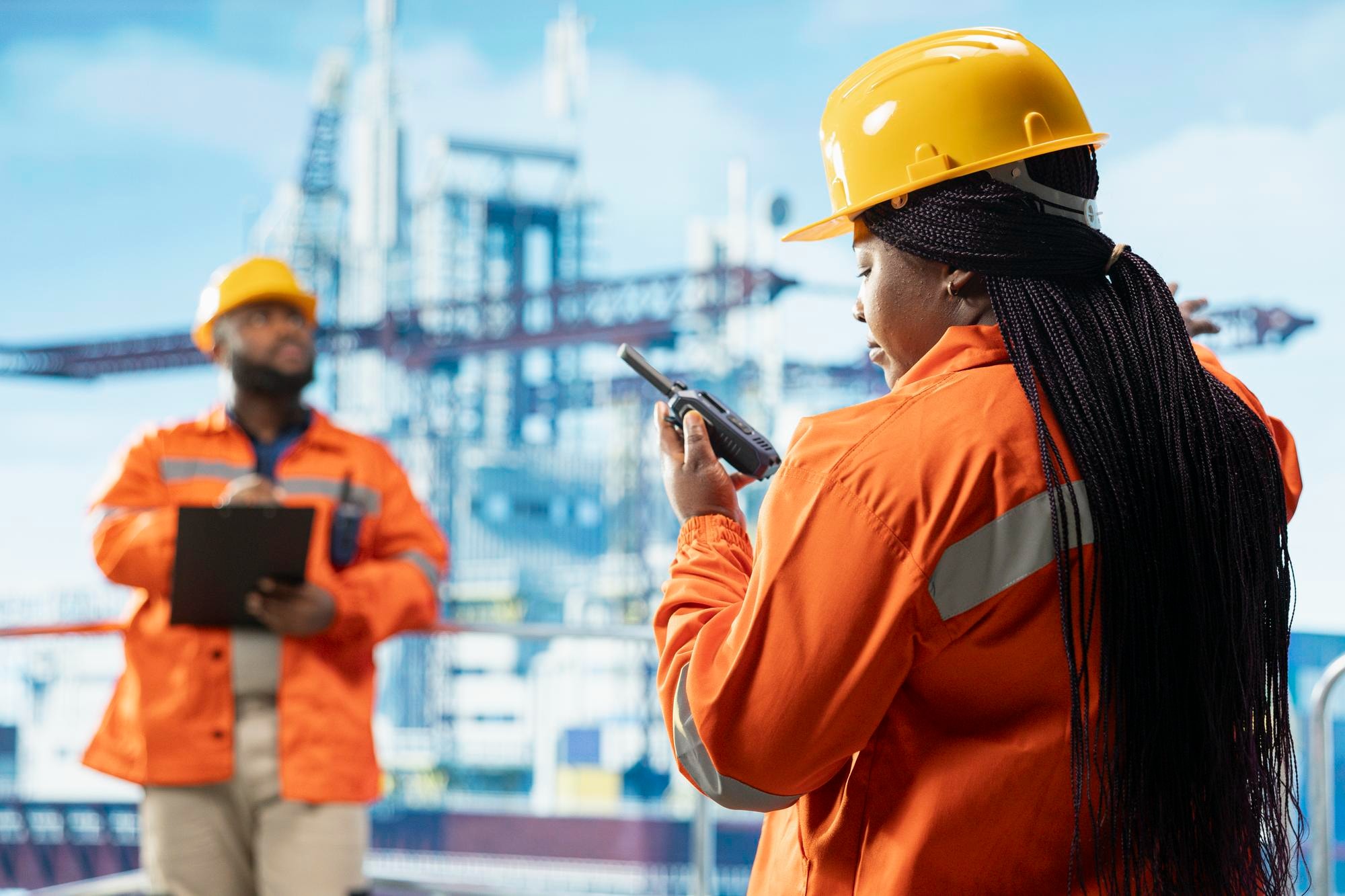 African energy professional coordinating activity at a port facility