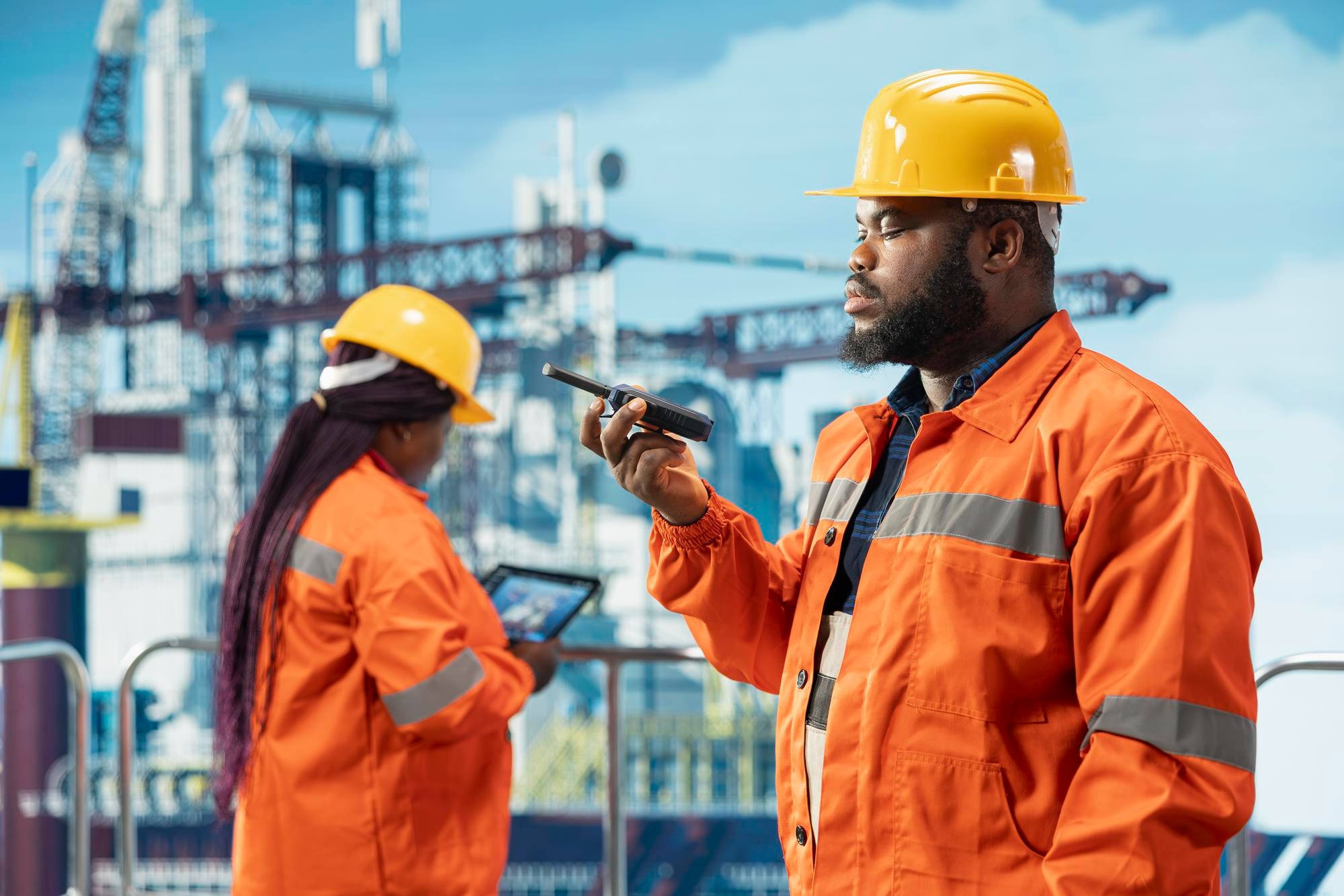 African energy professionals coordinating work at an industrial site